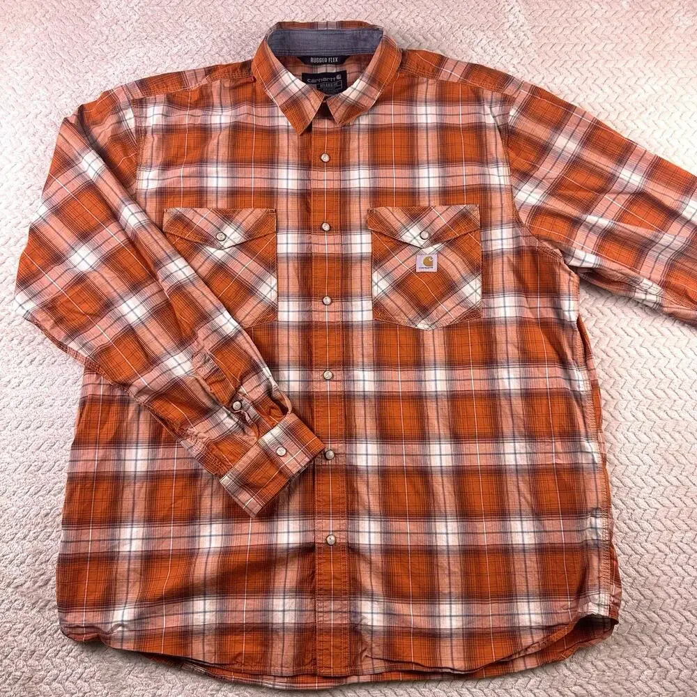 Carhartt Men’s‎ XL Pearl Snap Orange Plaid Relaxed Fit Rugged Flex